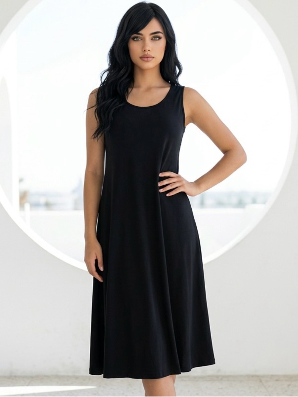 Sympli Quiet Luxury Classic Black Midi Sleeveless Office or Evening Dress-8